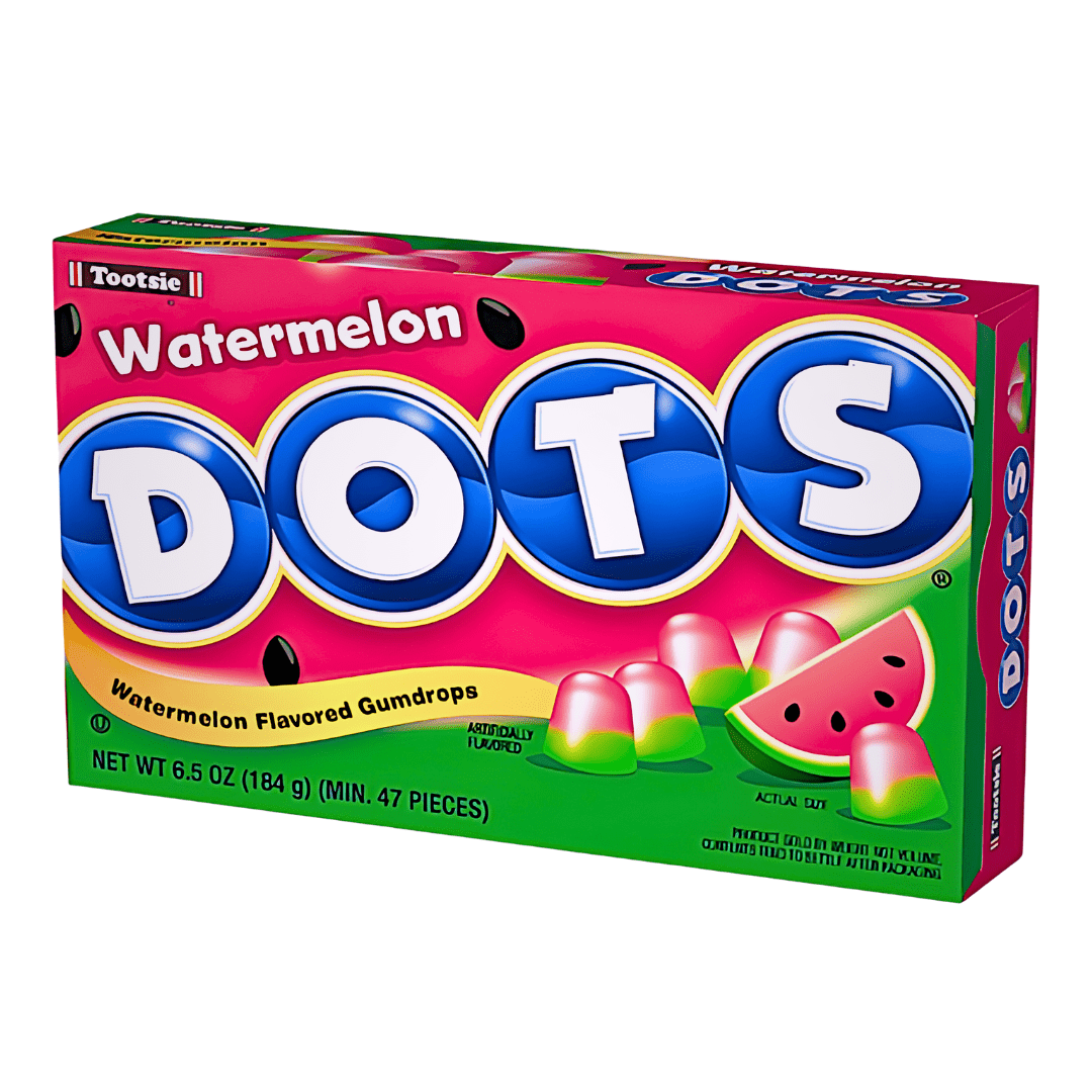 Front of Tootsie Dots Theatre Box Watermelon showing brand logo, watermelon flavour label, and vibrant gumdrops (184g pack)