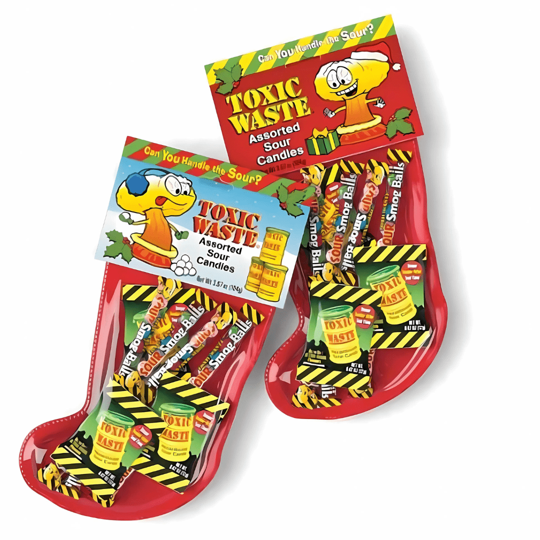 Front of Toxic Waste Christmas Stocking showing a festive design with assorted sour candies and a red stocking (104g pack)