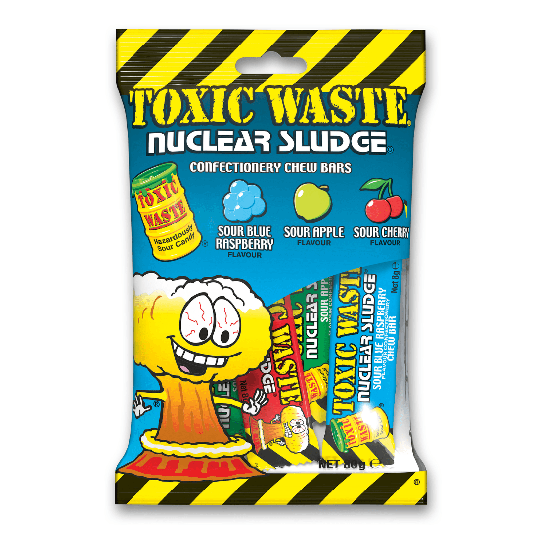Front of Toxic Waste Nuclear Sludge Variety Bag showing the flavours: Sour Blue Raspberry, Sour Apple, and Sour Cherry with the logo (80g pack)