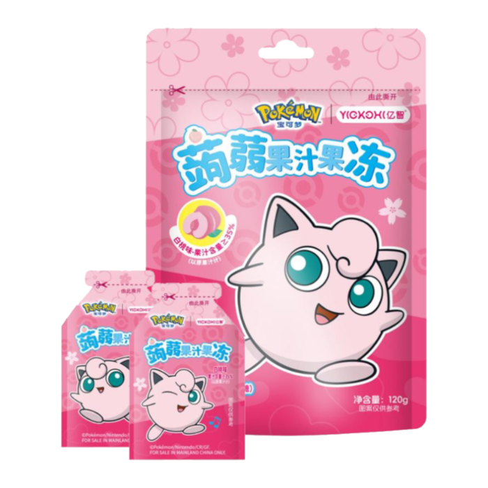 Front of Pokemon Jelly Pods Candy White Peach pack featuring a cartoon character and colourful jelly pods in a 120g bag.