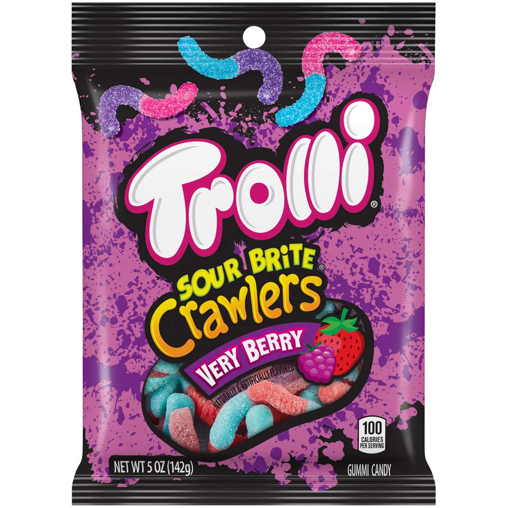 Front of Trolli Sour Brite Crawlers Very Berry bag showing the bold logo, colourful gummy worms, and pack size (141g)