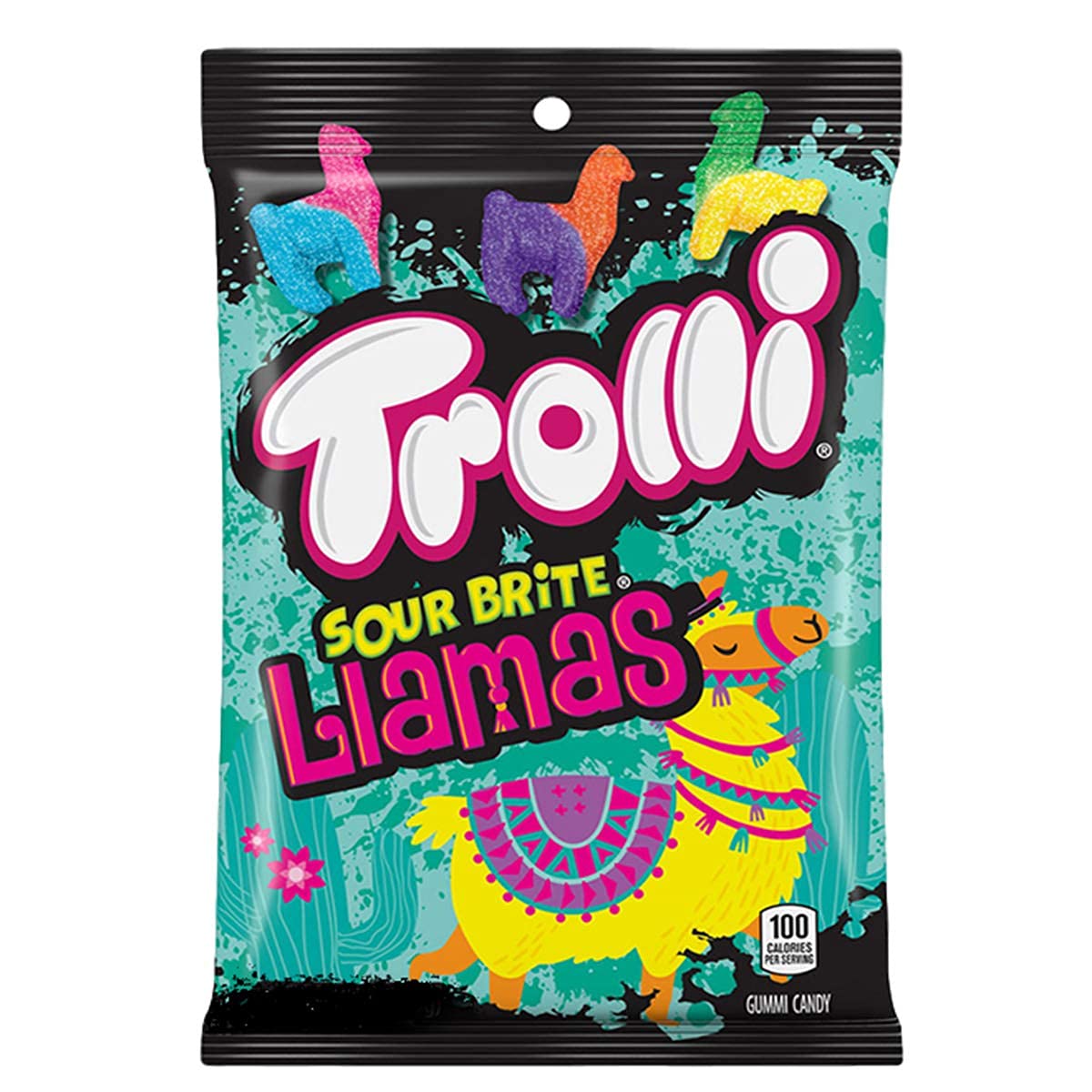 Front of Trolli Sour Brite Tropical Llamas bag showing the colourful llama-shaped gummies, logo, and pack size (120g).