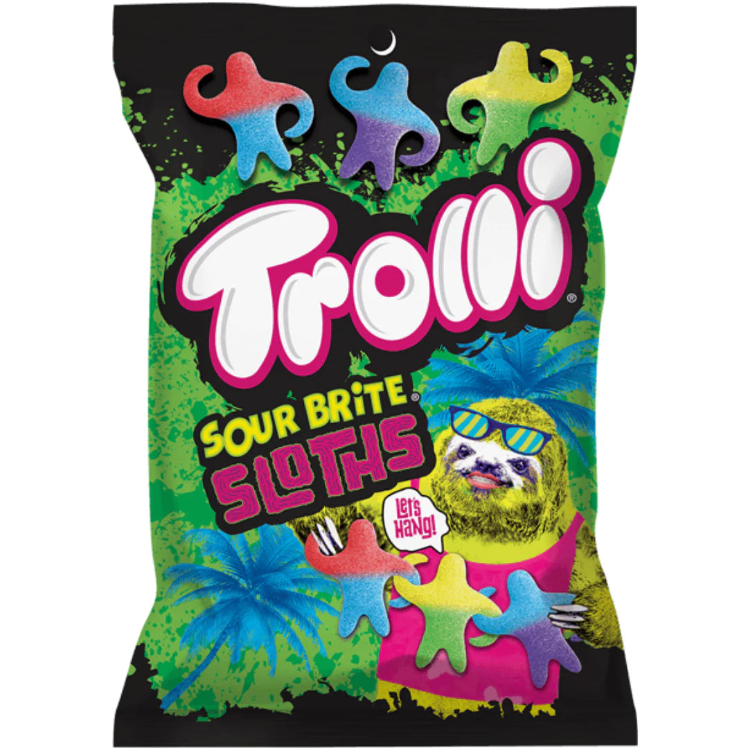 Front of Trolli Sour Brite Sloths bag showing bright logo, sloth-shaped gummy candies, and vibrant tropical design (120g pack)
