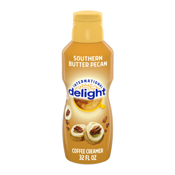 Front of International Delight Coffee Creamer bottle showing Southern Butter Pecan flavour label and logo (946ml)