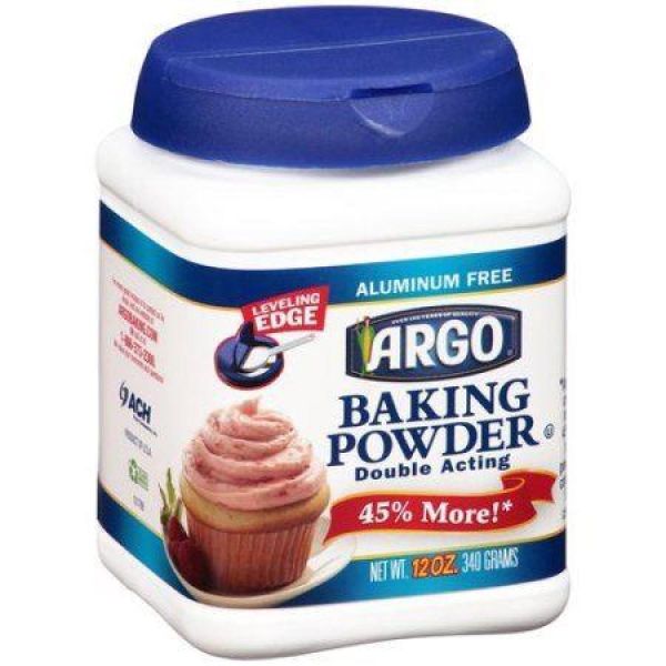 Front of Argo Baking Powder container showing blue lid, aluminium-free label, and a cupcake image, 340g pack.