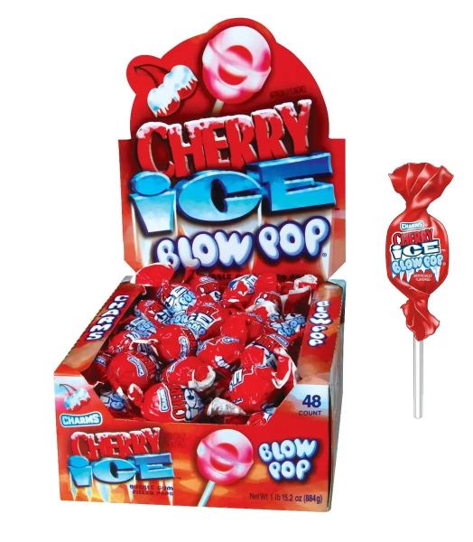 Front of Charms Cherry Ice Blow Pop box featuring vibrant red design, showcasing 48 cherry-flavoured lollipops with a bubblegum centre (884g pack)