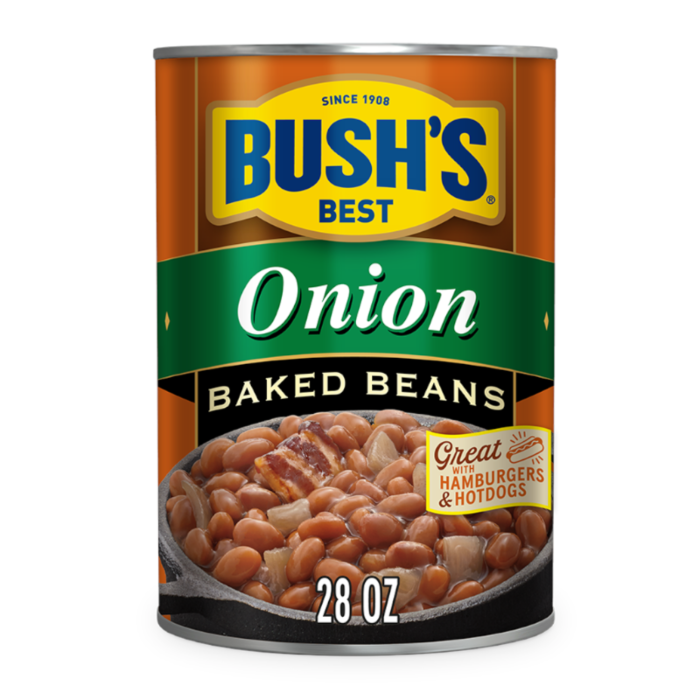 Front of Bush's Best Baked Beans with Onion can featuring logo, onion flavour, and serving suggestion (794g)