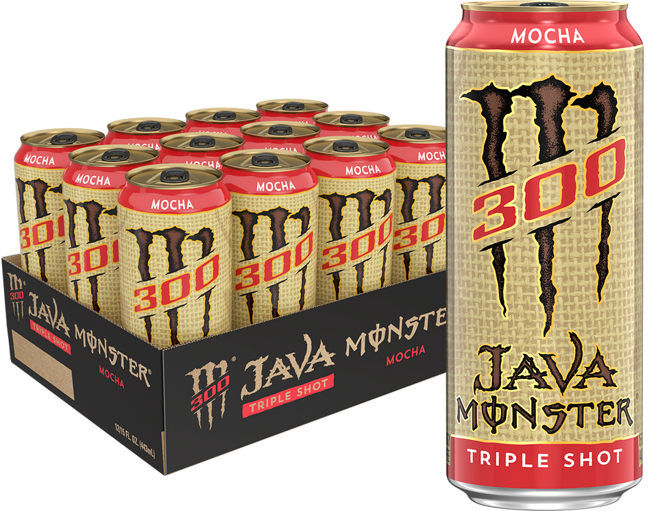 Front of Monster Java 300 Triple Shot Mocha can showing bold logo, mocha flavour label, and a 12 pack in a carton (443ml each)