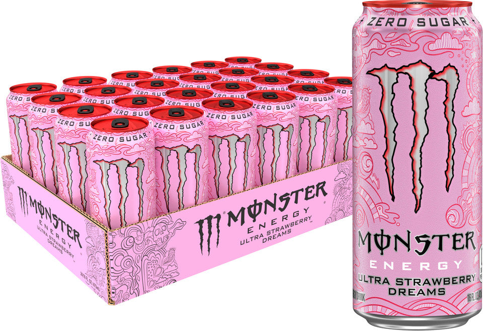 Front of Monster Ultra Strawberry Dreams case showing pink cans, logo, and pack size of 24 x 473ml