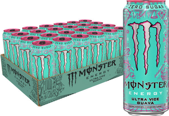 Front of Monster Ultra Vice Guava can showing vibrant blue and pink design, logo, and tropical guava flavour (473ml)