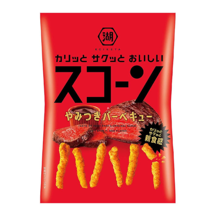 Front of KOIKEYA Scorn Juicy Beef & BBQ Corn Snacks bag showing vibrant red packaging, logo, and images of crunchy corn snacks (178g pack)