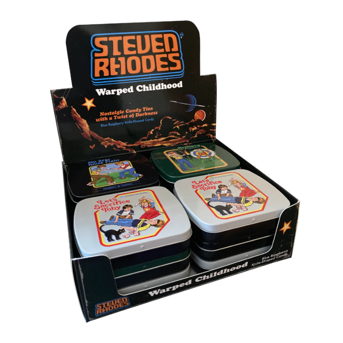 Front of Steven Rhodes Warped Childhood Candy Tin showing playful illustrations and blue raspberry knife-shaped candy (42g pack)