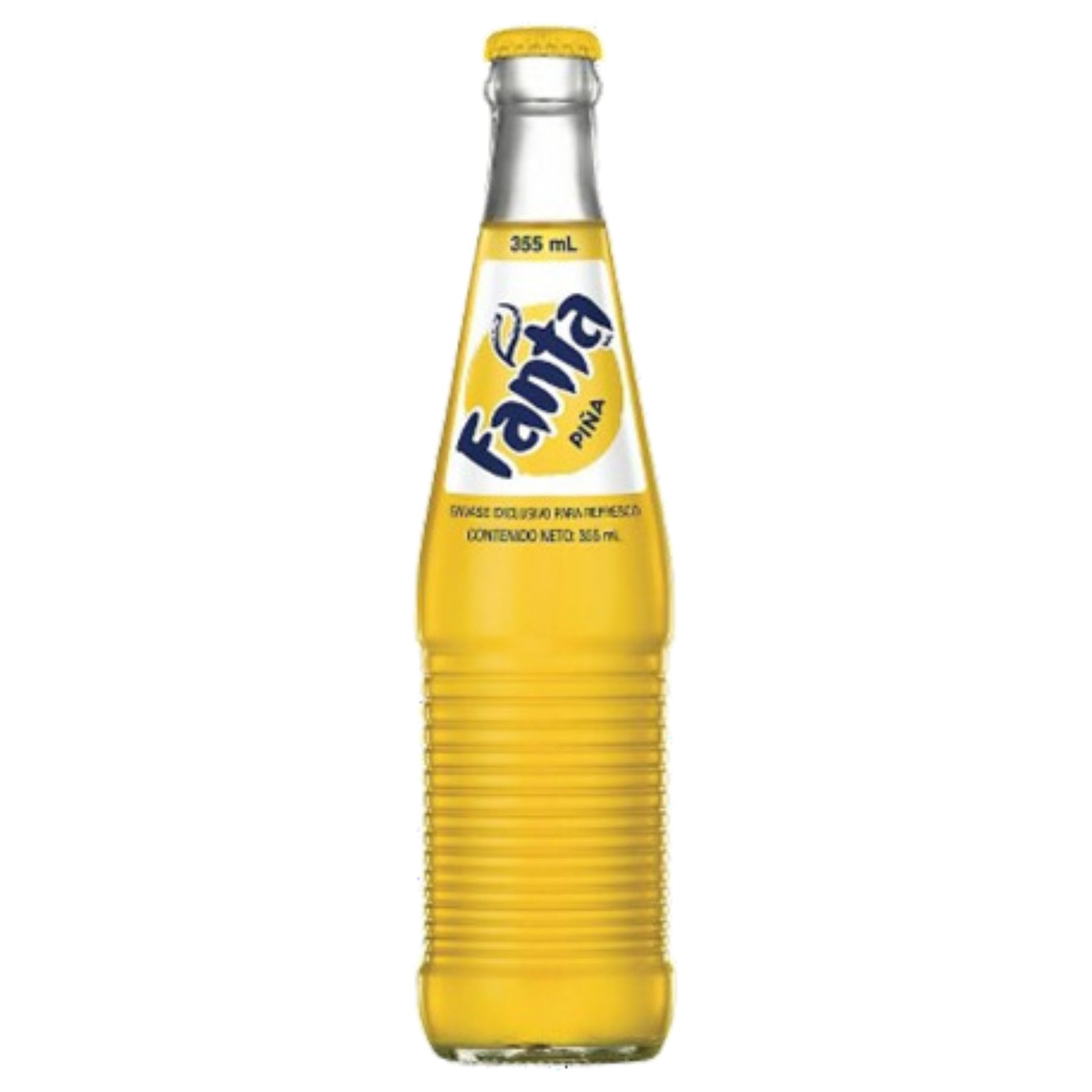 Front of Fanta Mexican Pineapple Soda bottle showing logo, pineapple flavour label, and 355ml size.