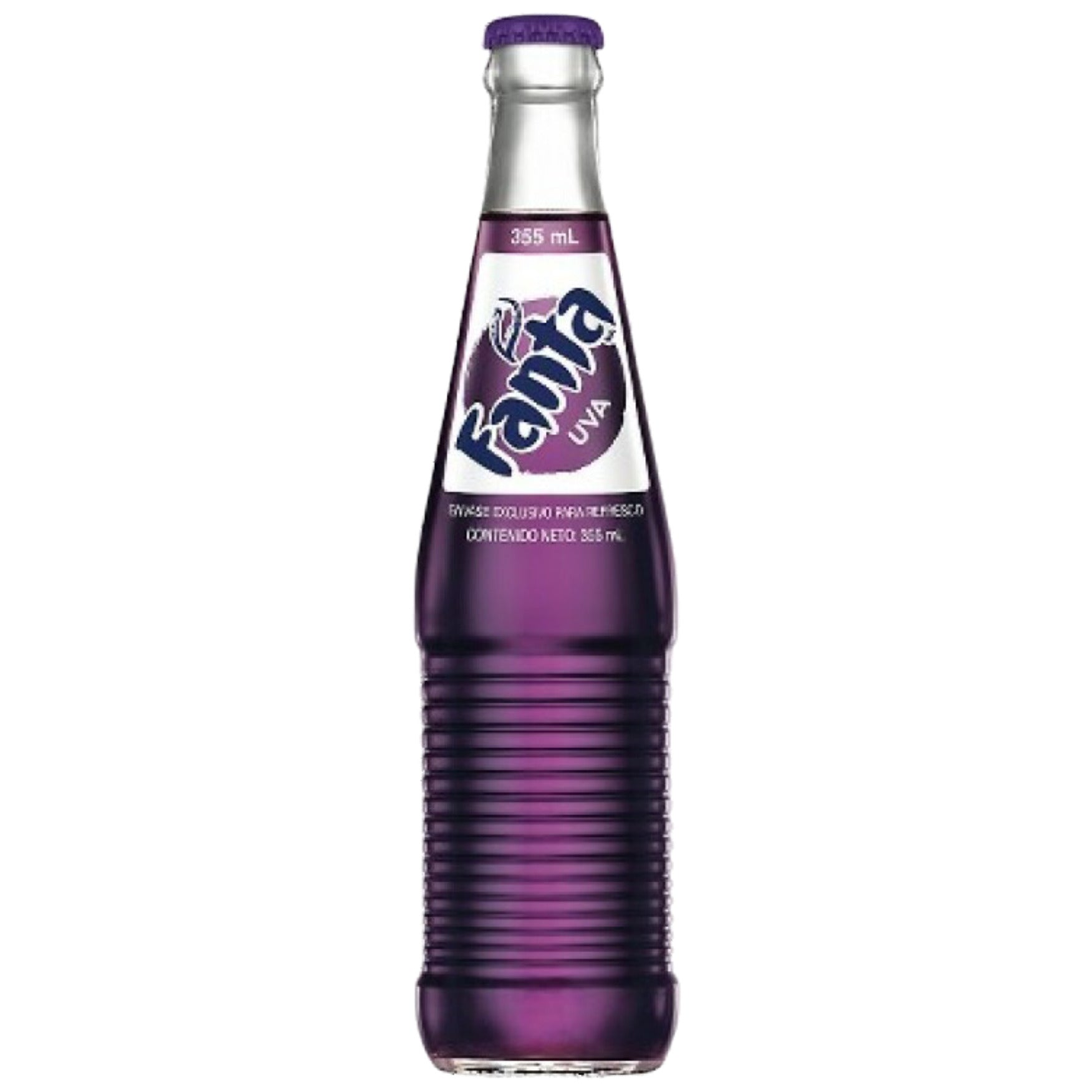 Front of Fanta Mexican Grape Soda bottle featuring bold purple label with grape flavour and 355ml size