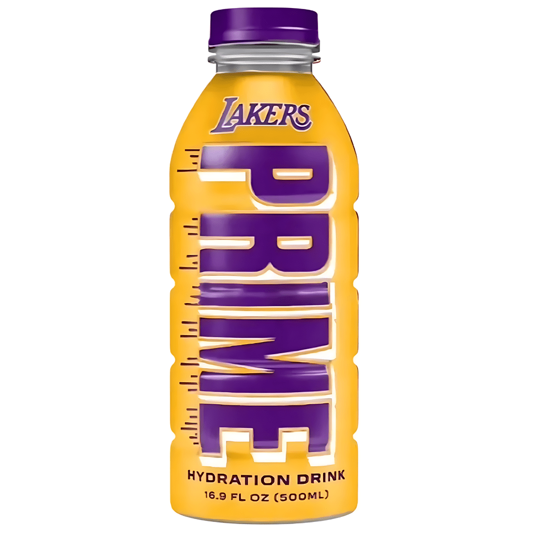 Front of Prime Hydration LA Lakers Limited Edition bottle featuring bright yellow design, Lakers logo, hydration drink label, and 500ml size.