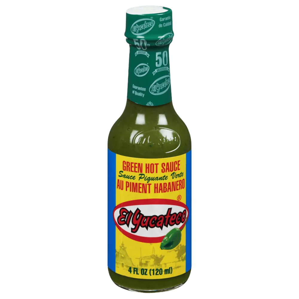 Front of El Yucateco Habanero Green Hot Sauce bottle showing brand logo, green hot sauce label, and 120ml size