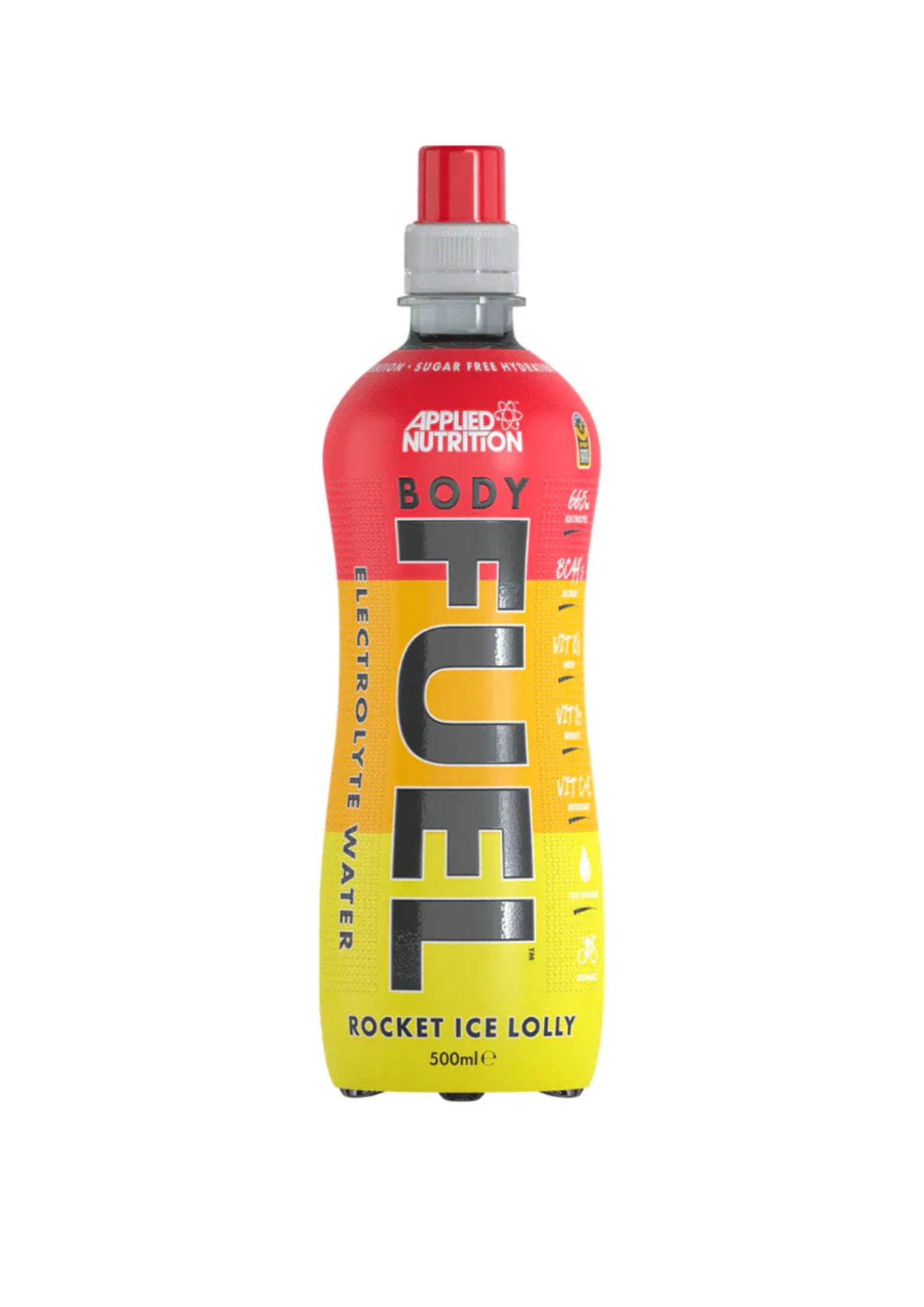 Front of Body Fuel Rocket Ice Lolly bottle showing bold logo, vibrant yellow and red design, and pack size of 500ml.