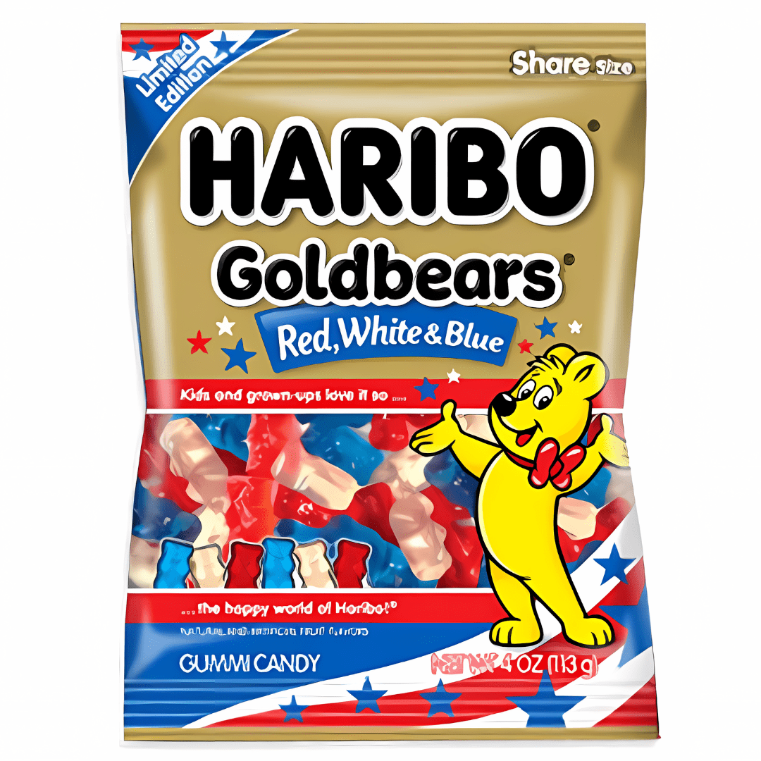Front of Haribo Gold Bears Red White & Blue Flavour USA (113g) showing colourful gummy bears and festive stars on the package