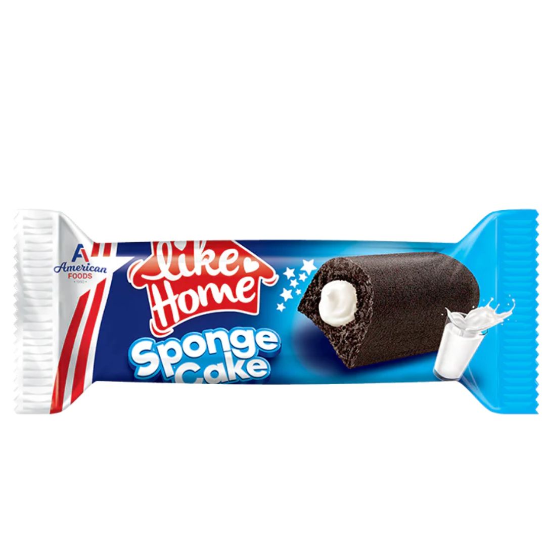 Front of Like Home Chocolate Sponge Cake with Cream Filling packaging showing the logo, chocolate sponge cake, and cream filling (40g)