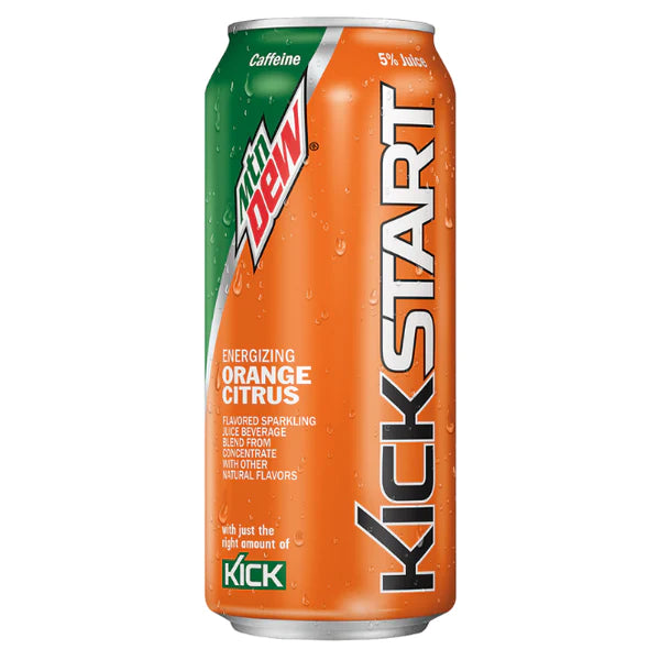 Front of Mountain Dew Kickstart Orange Citrus can showing energising orange flavour, logo, and 473ml packaging details.
