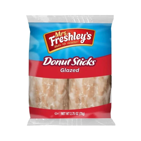 Front of Mrs Freshley's Glazed Donut Sticks pack showing the logo, glazed donut sticks, and 78g pack size