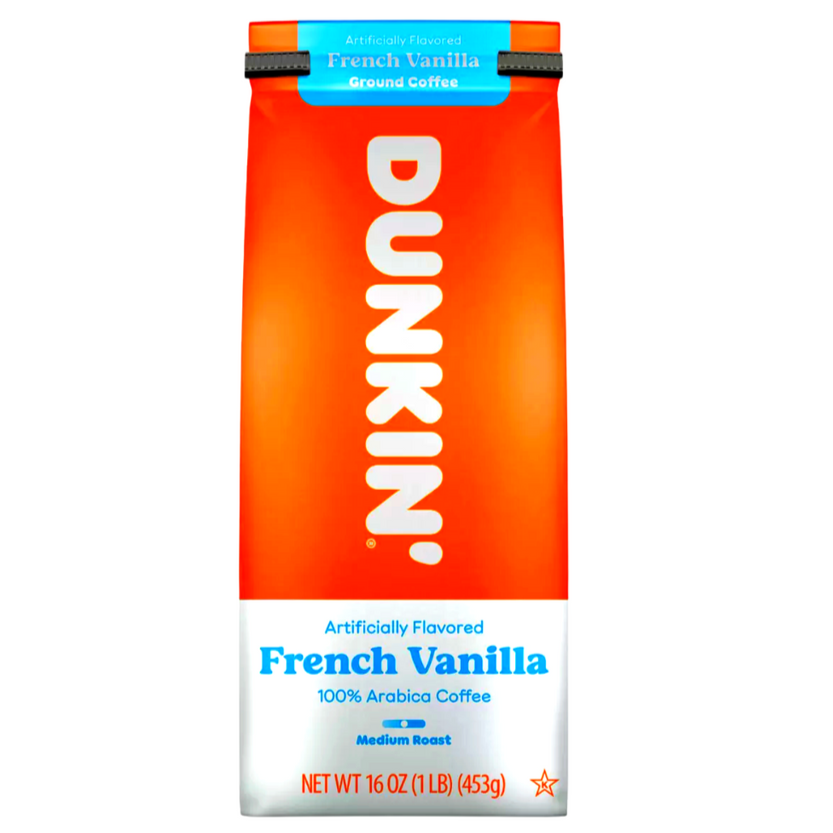 Front of Dunkin' French Vanilla 100% Arabica Medium Roast Ground Coffee bag (453g) featuring vibrant orange packaging, blue flavour label, and product name.