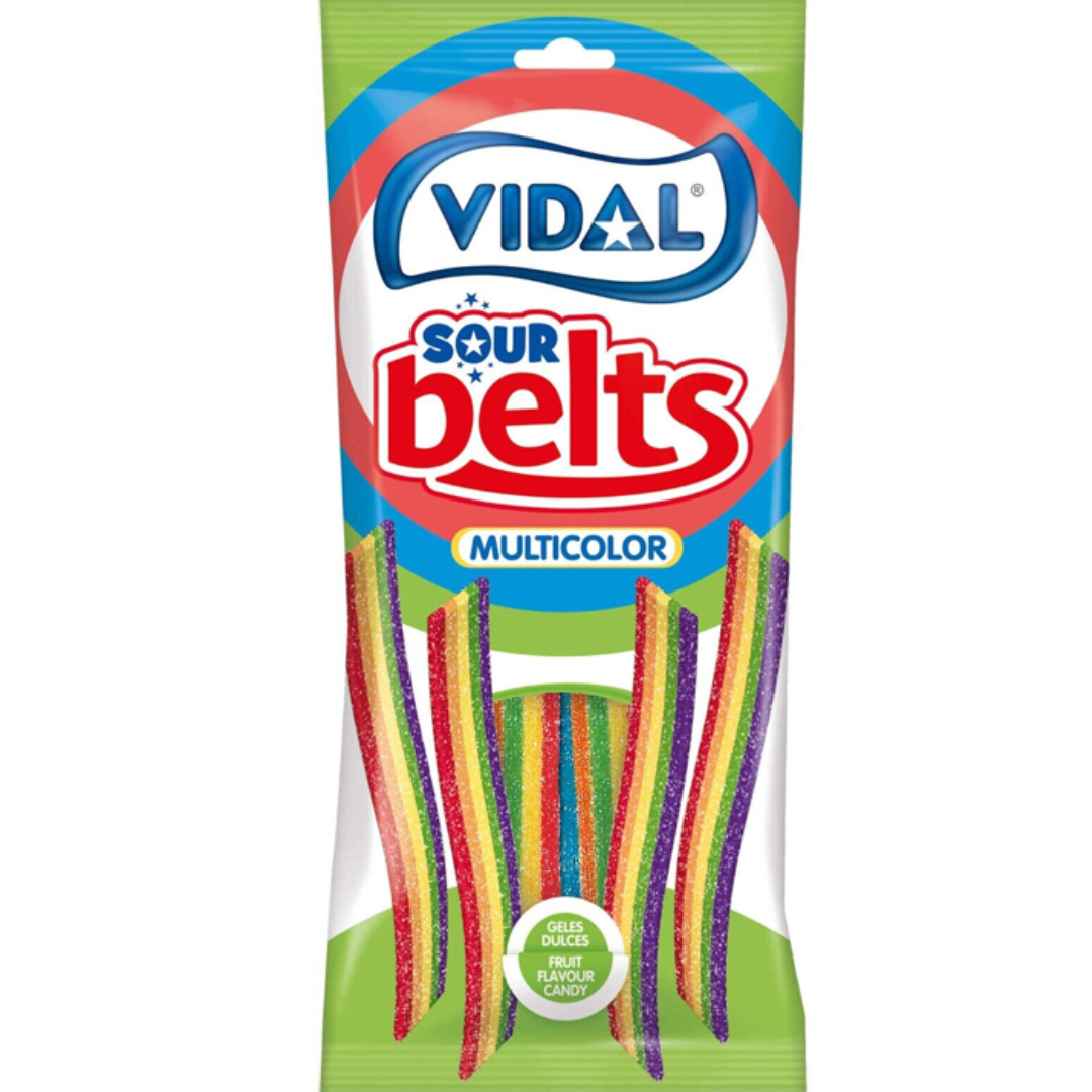 Front of Vidal Sour Rainbow Belts bag featuring the logo, multicoloured chewy belts, and 90g pack size