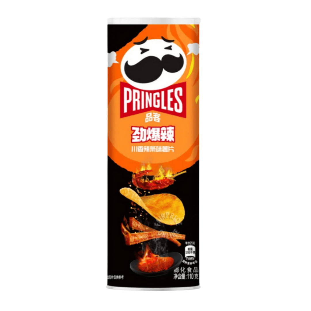 Front of Pringles Chuanxiang Spicy Noodles packaging displaying logo, fiery design, and noodles graphics in a 110g pack