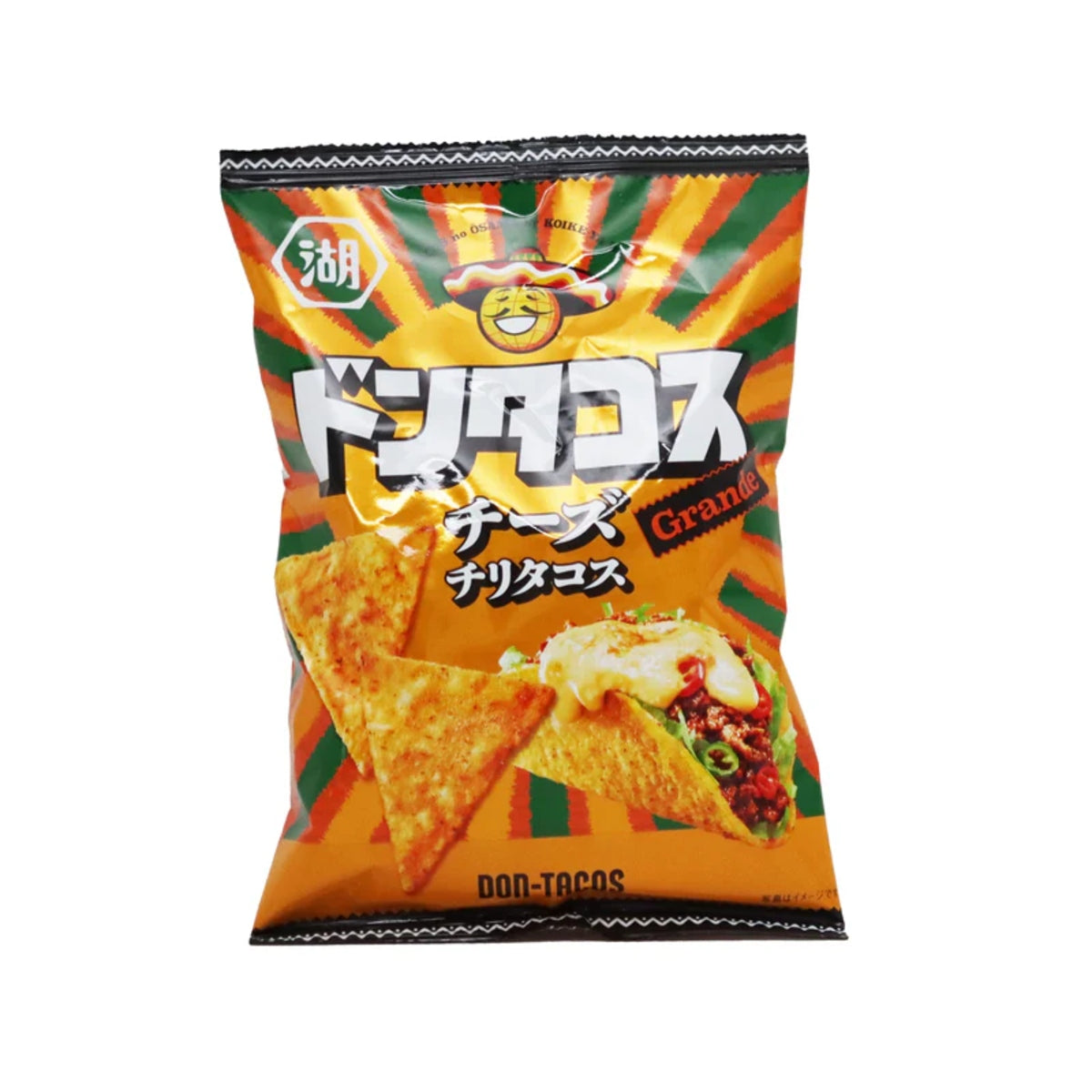 Front of Koikeya Corn Chips Chili Cheese Taco bag showing bold logo, vibrant taco flavour image, and 57g size.