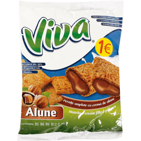 Front of Viva Hazelnut Snacks bag featuring the logo and image of hazelnut cream-filled snacks (200g pack)