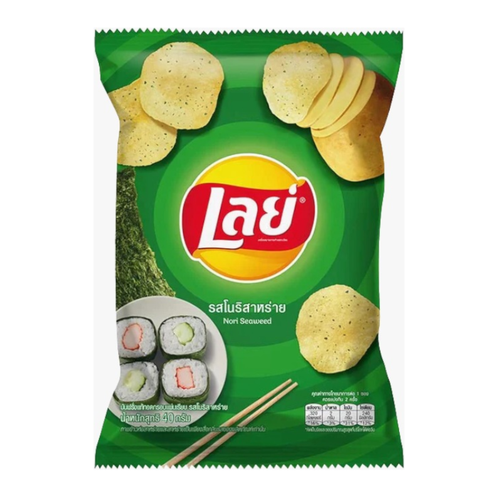 Front of Lay's Nori Seaweed pack showing green background, nori seaweed image, and crispy snacks (42g pack)