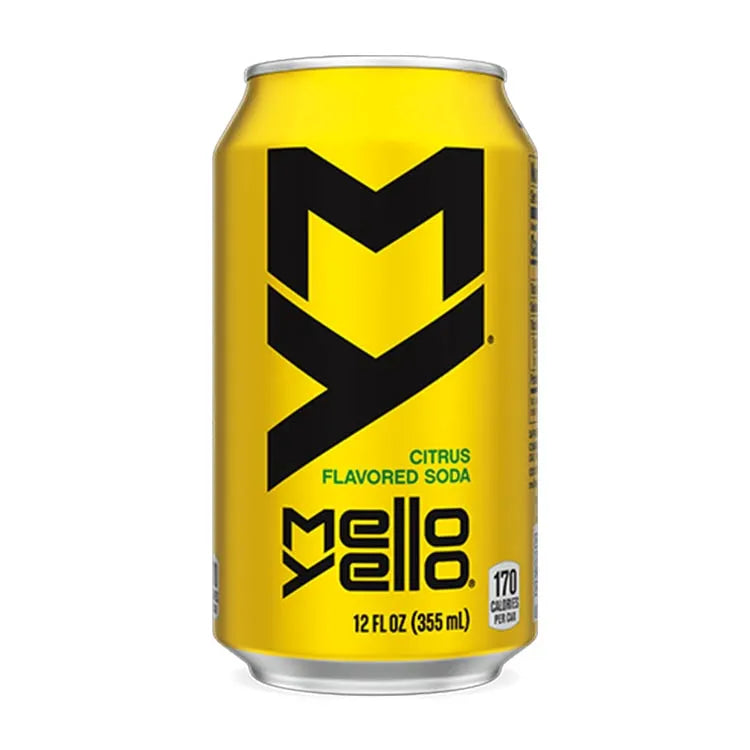 Front of Mello Yello Citrus Soda can featuring bright yellow design, citrus flavour label, and pack size of 355ml