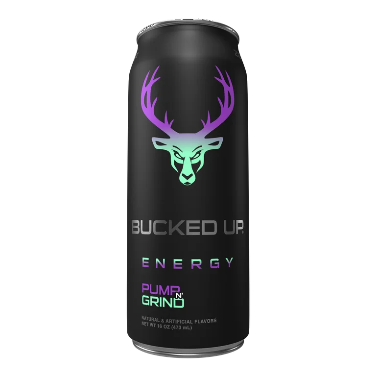 Front of Bucked Up Energy Pump 'N' Grind can displaying logo, vibrant deer graphic, and 473ml label