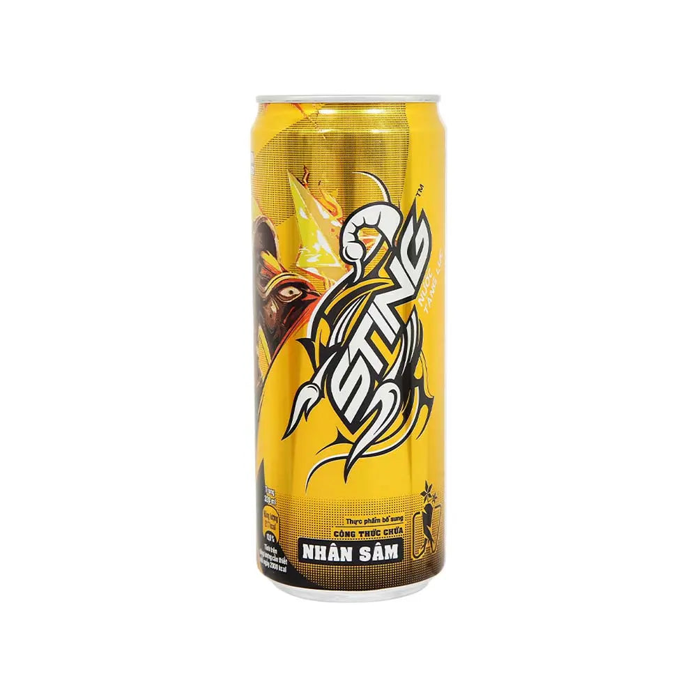 Front of Sting Energy Gold Ginseng can featuring bold logo, vibrant gold design, and indicated pack size (320ml)