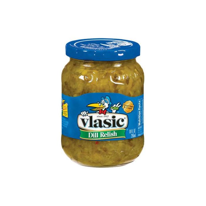 Front of Vlasic Dill Relish jar showing the brand logo, dill relish label, and bright green relish contents (284g pack)