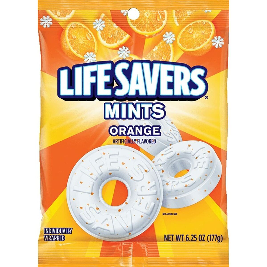 Front of Life Savers Mints Orange bag with logo, showing orange-flavoured mints (177g)