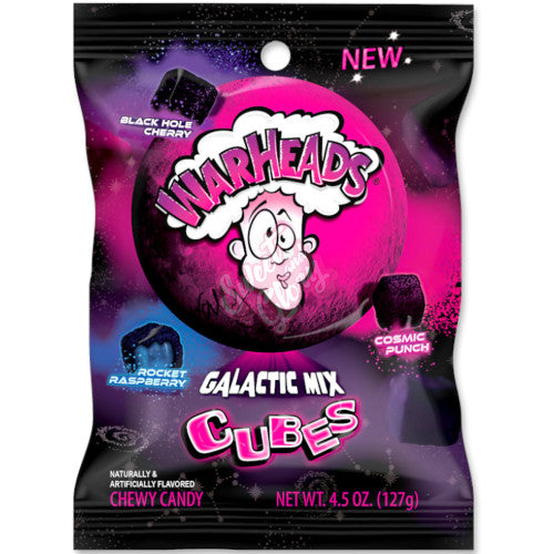 Front of Warheads Galactic Cubes bag featuring bold logo, vibrant colours, and chewy candy cube visuals (128g pack)