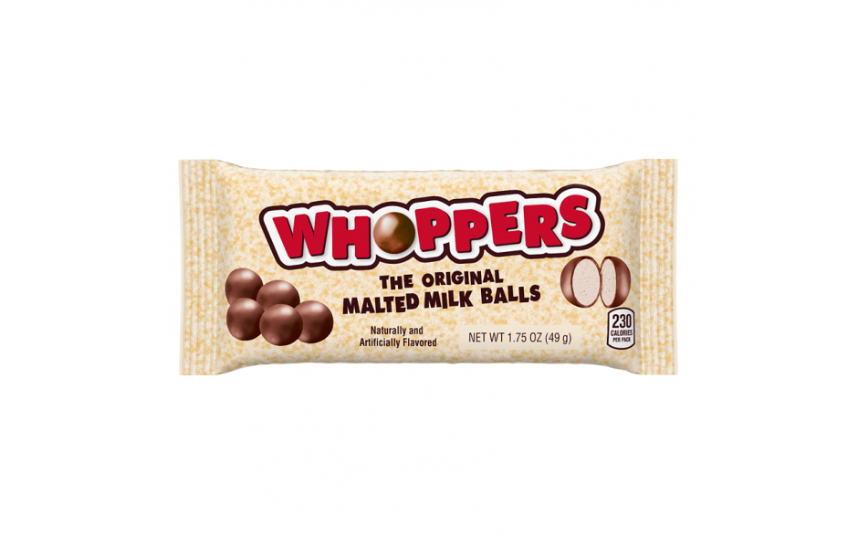 Front of Whoppers Original pack showing bold red logo, malted milk balls, and pack size (49g)