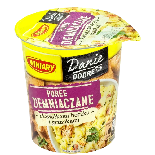 Front of Winiary Potato Puree with Bacon & Croutons Instant Cup showing brand logo, creamy potato puree with bacon and croutons, and 53g size.