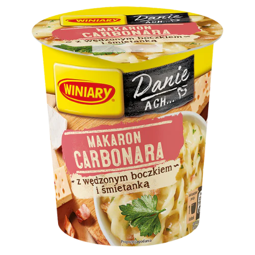 Front of Winiary Creamy Carbonara Pasta with Smoked Bacon Instant Cup showing the logo, creamy carbonara label, and an image of the product (50g cup)