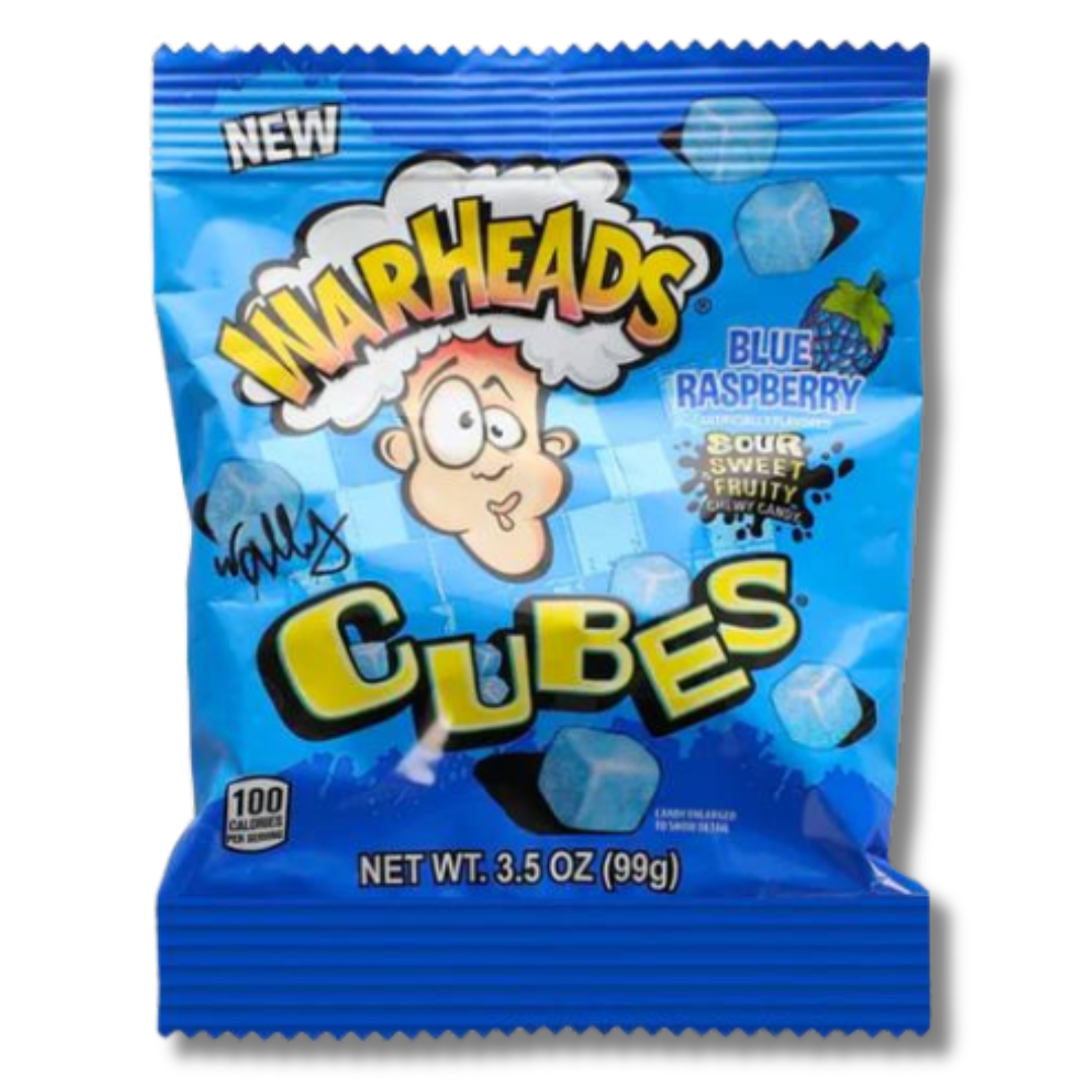 Front of Warheads Blue Raspberry Cubes packaging showing the blue raspberry flavour label and vibrant blue sweets in a 99g pack