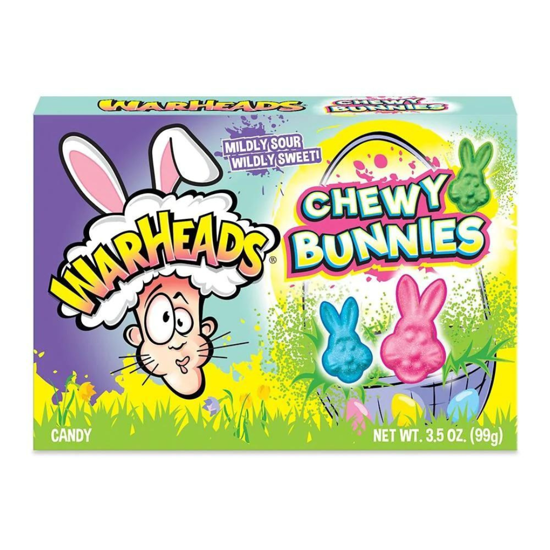 Front of Warheads Easter Bunnies Theatre box showing the logo, colourful chewy bunnies, and festive decorations (99g pack)