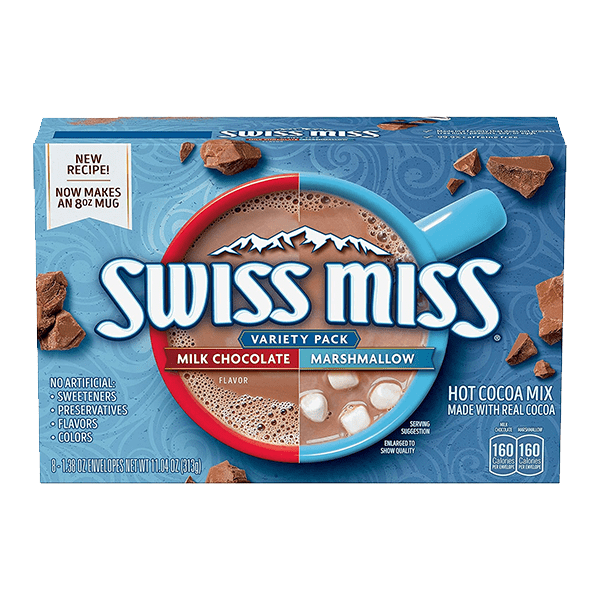 Front of Swiss Miss Variety Pack Hot Cocoa Mix box displaying the logo, flavours of milk chocolate and marshmallow, and pack size of 318g