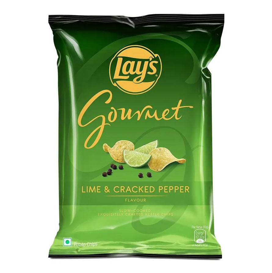 Front of Lay's Gourmet Lime & Cracked Pepper bag showing logo, lime and cracked pepper imagery, and 55g pack size