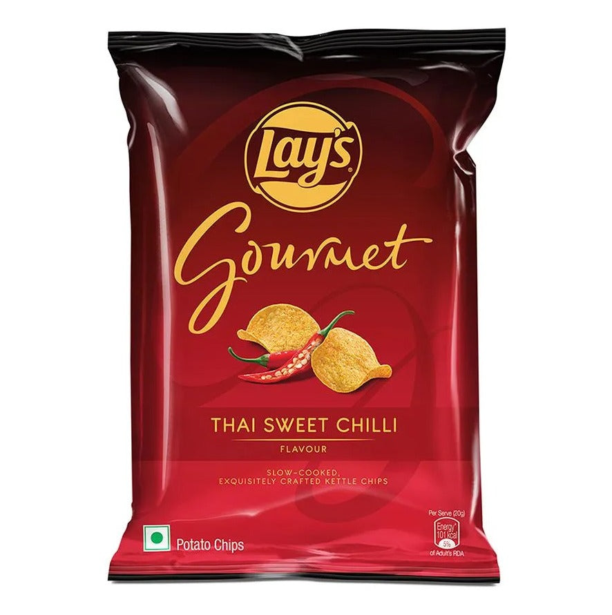 Front of Lay's Gourmet Thai Sweet Chilli bag showing the logo, flavour name, and kettle chips with red and green chillies (36g pack)
