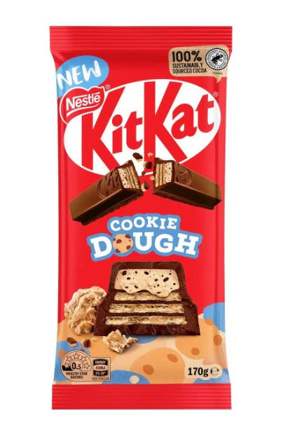Front of Kit Kat Cookie Dough pack showing bright red packaging with the Nestlé logo, cookie dough flavour label, and 170g pack size.
