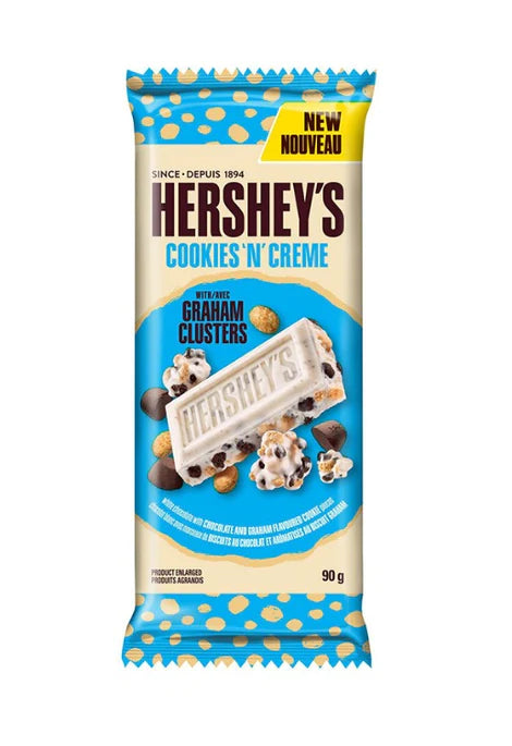 Front of Hershey's King Size Cookies & Creme with Graham Clusters Bar (90g) showing logo, cookies and crème chocolate bar with graham clusters on packaging.
