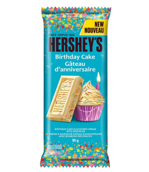 Front of Hershey's King Size Birthday Cake Bar showing birthday cake flavour, logo, and an image of the cake with sprinkles (95g pack)