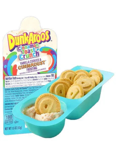 Front of Dunkaroos Cinnamon Toast Crunch pack featuring colourful logo, vanilla cookies, and cinnadust frosting (42g)
