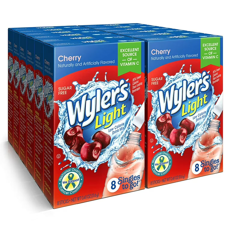 Front of Wyler's Cherry Singles To Go box showing sugar-free label, cherry flavour graphics, and details of 12 pack with drink mix sticks